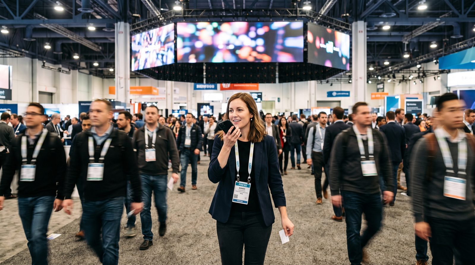 A woman with a badge walks a wide convention centre aisle speaking a voice note into her phone
