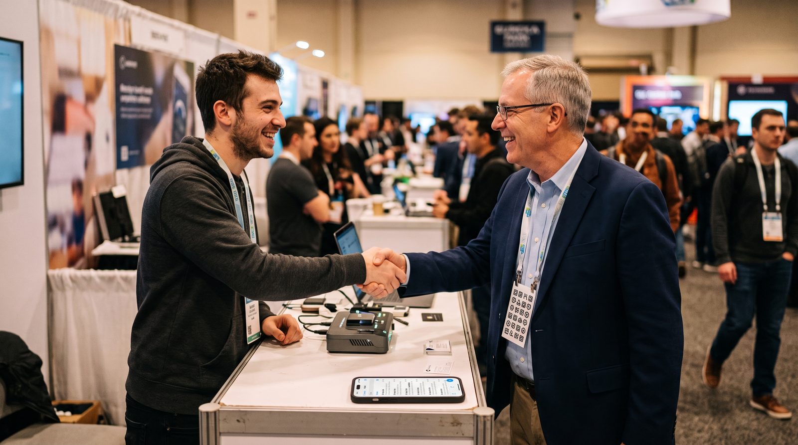 A visitor shaking hands with an exhibitor at a small trade show booth, a phone on the counter