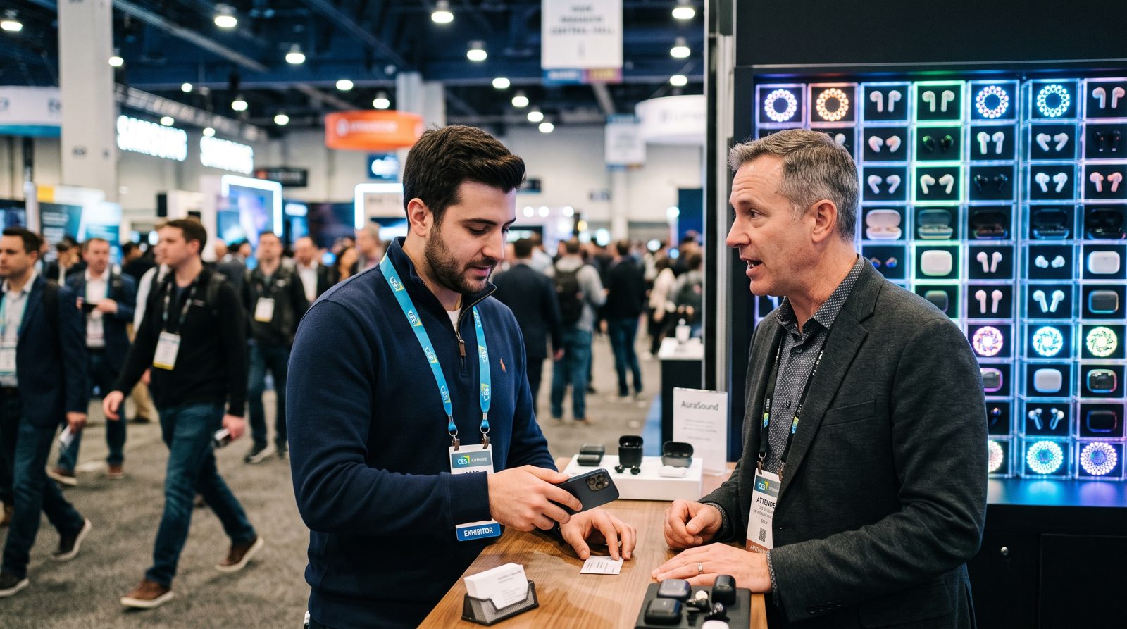 Two men at a consumer-audio booth; the exhibitor holds his phone over the visitor's business card