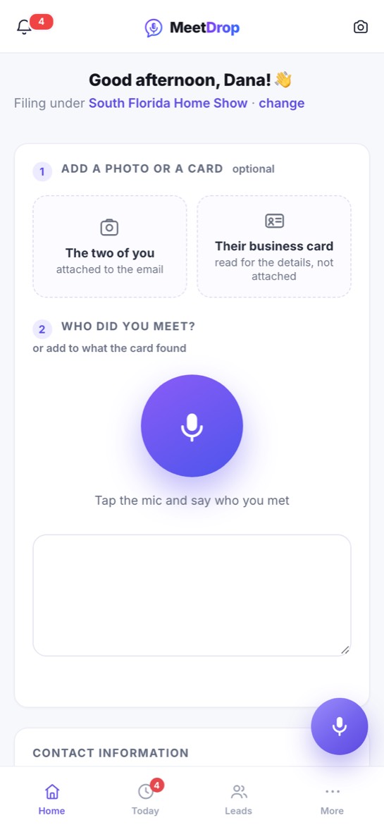 The capture screen: add a card, then tap the mic