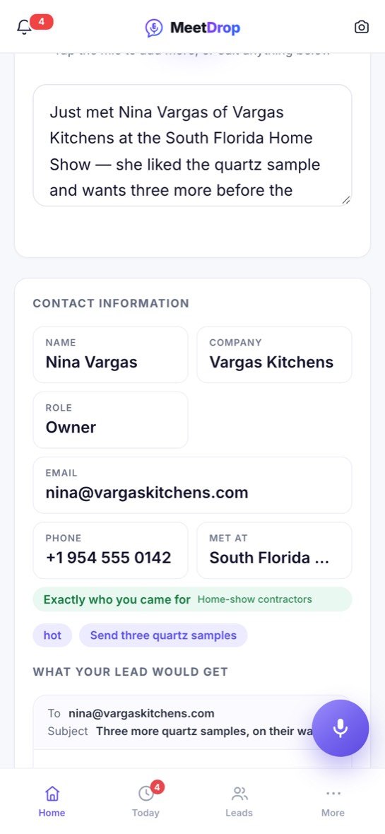 The business card read into contact fields