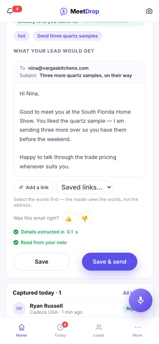 The follow-up written from the conversation, with Save and Save & send