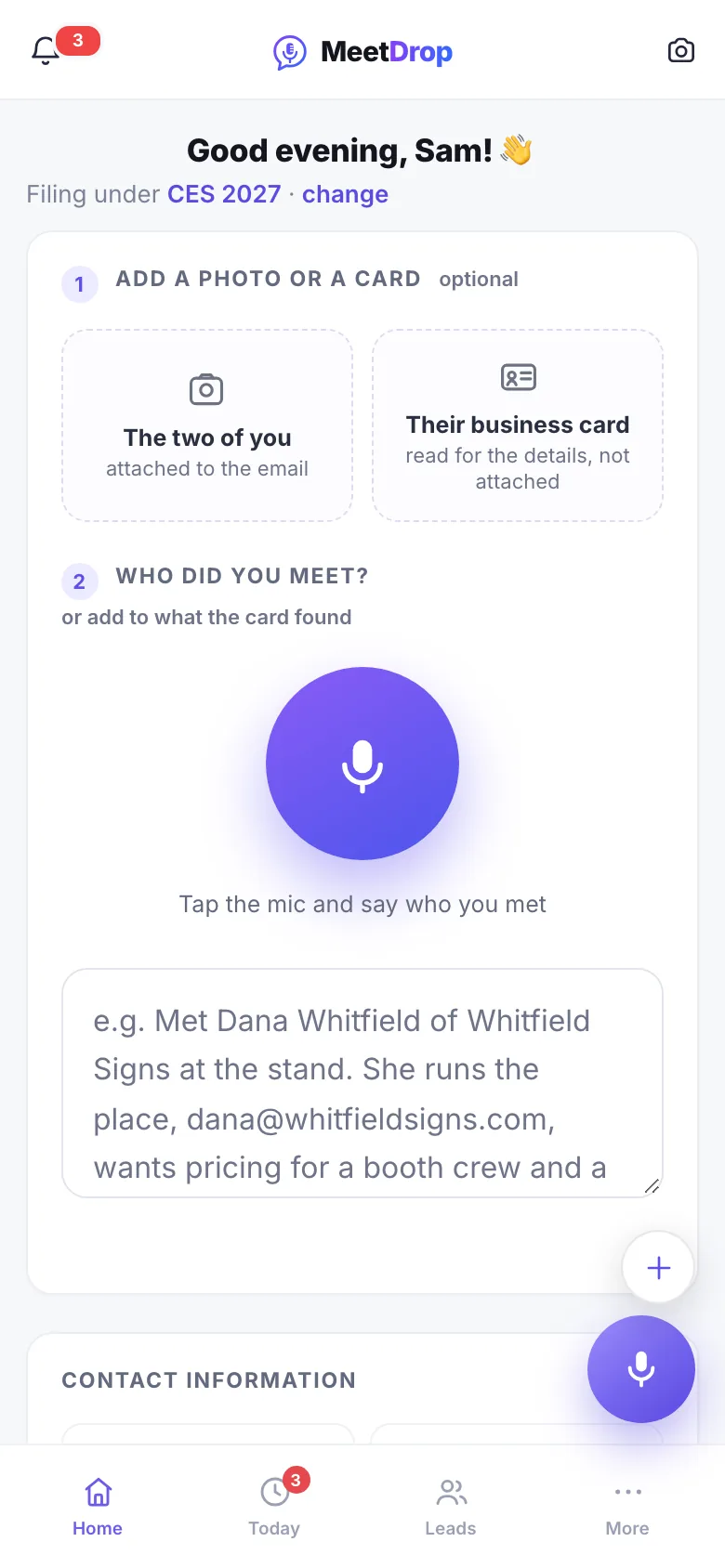 The capture screen: add a photo or a business card, then tap the microphone