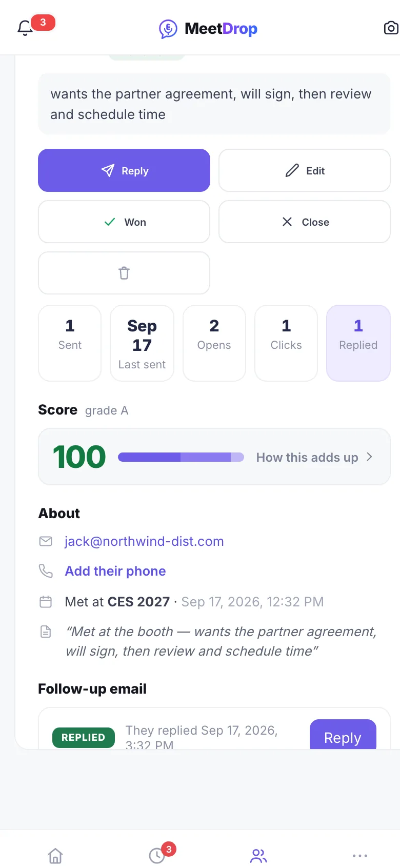 A lead scored 100, with the reasons listed